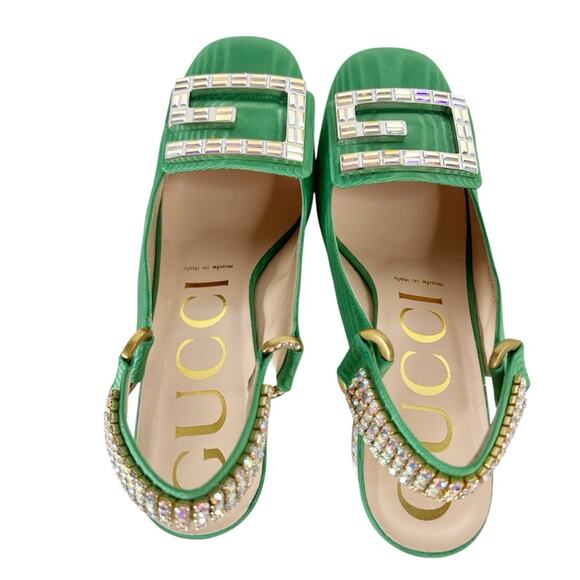 GUCCI Madelyn Crystal Square G Embellished Silk Satin Slingback Heels - Picture 6 of 11